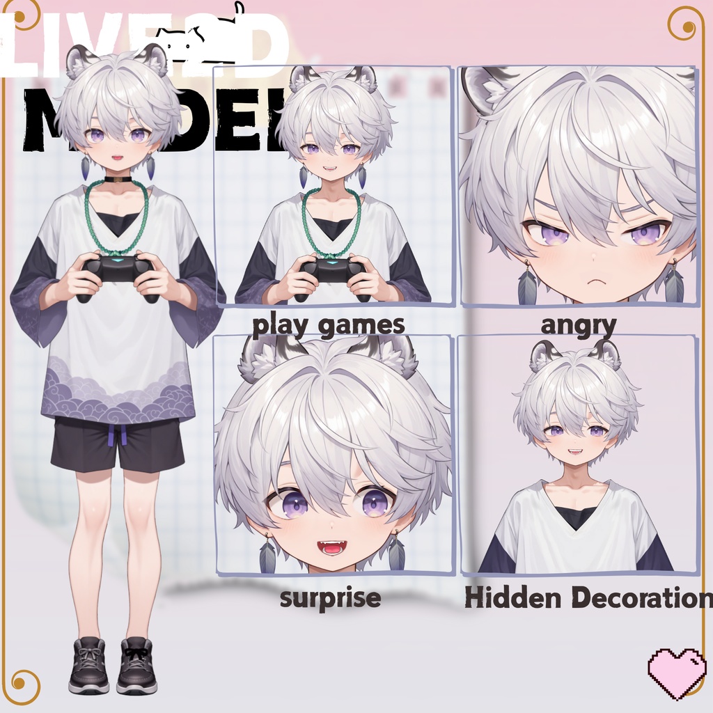 【live2d汎用モデル】銀髪の雪豹少年・VTS対応 | Snow Leopard Boy | Cute Silver Hair, Kemonomimi, Casual Style