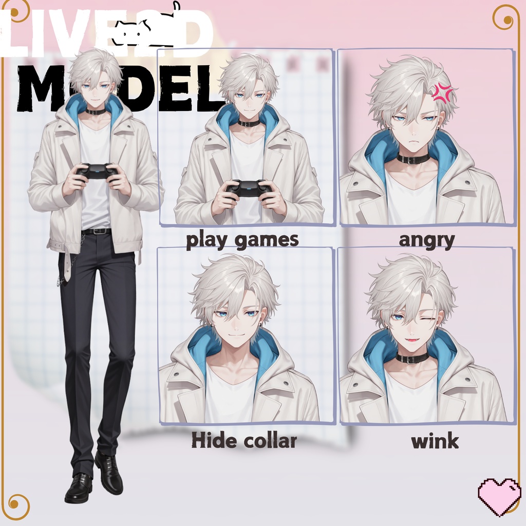 【live2d汎用モデル】白髪・ジャケット・青年・美少年・多表情対応・VTS対応 | White Hair, Jacket, Young Man, Bishonen, Multi-Expression, VTS Compatible