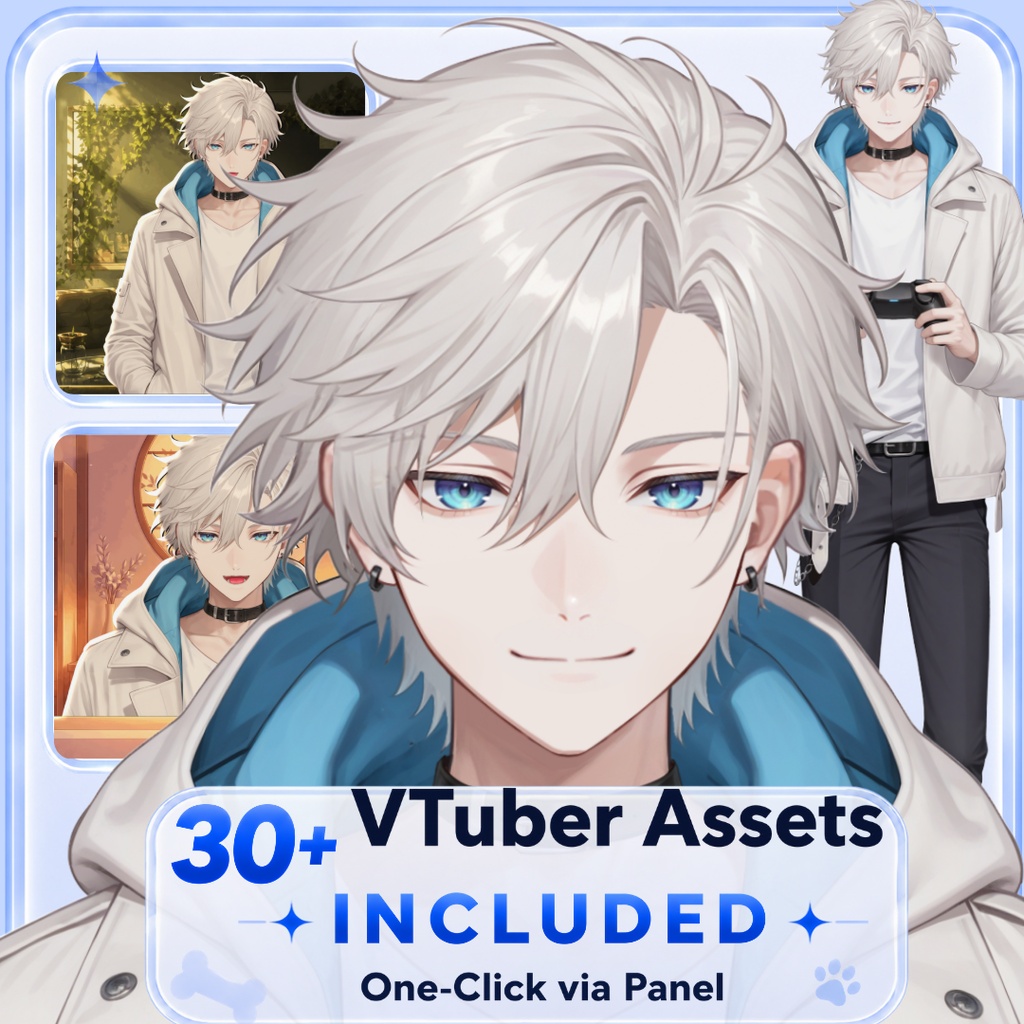 【live2d汎用モデル】白髪・ジャケット・青年・美少年・多表情対応・VTS対応 | White Hair, Jacket, Young Man, Bishonen, Multi-Expression, VTS Compatible