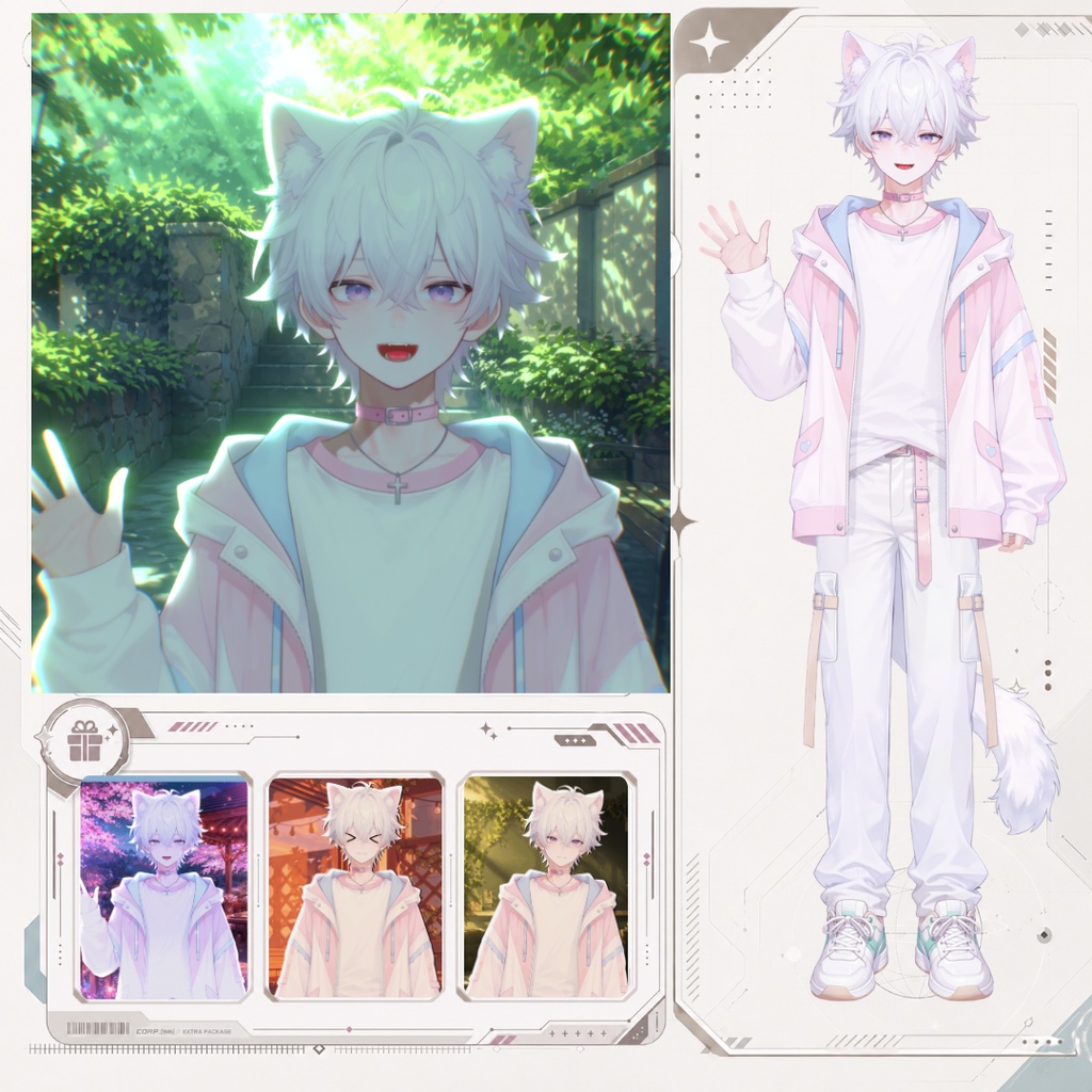 【live2d汎用モデル】白髪少年・猫耳猫尾・多表情対応・VTS対応 | White-haired Boy with Cat Ears & Tail