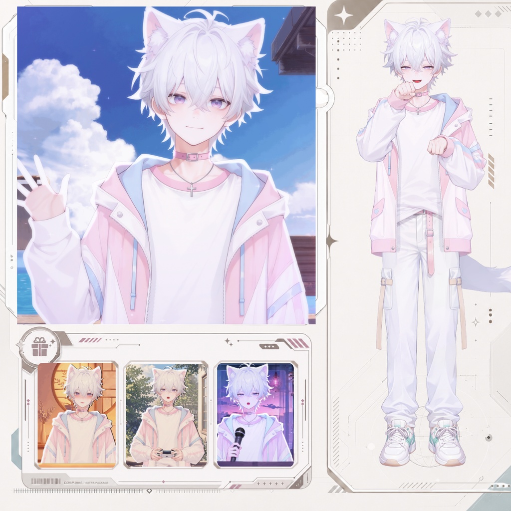 【live2d汎用モデル】白髪少年・猫耳猫尾・多表情対応・VTS対応 | White-haired Boy with Cat Ears & Tail