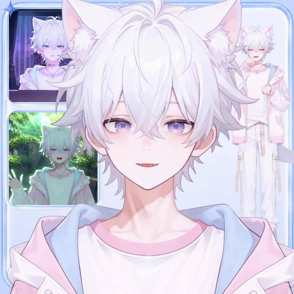 【live2d汎用モデル】白髪少年・猫耳猫尾・多表情対応・VTS対応 | White-haired Boy with Cat Ears & Tail