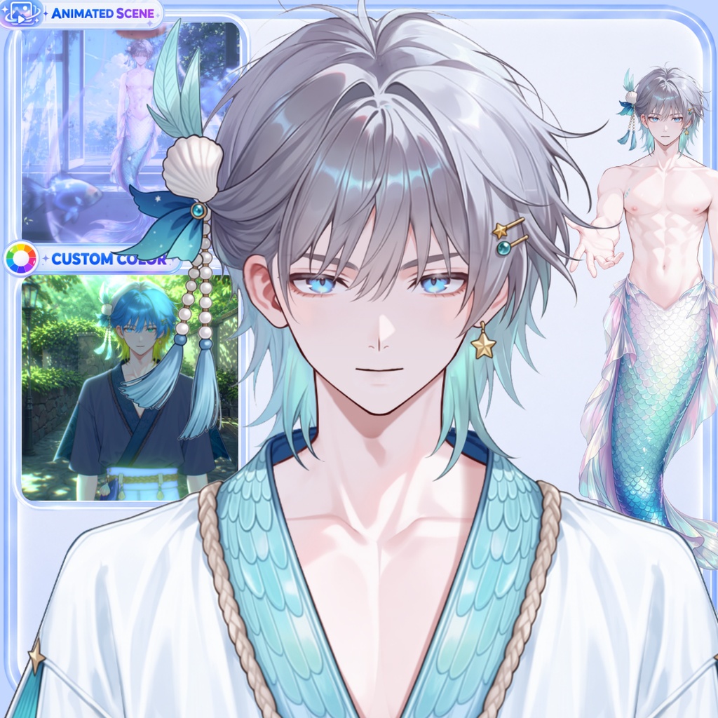 【Live2D汎用モデル】人魚王子・多機能表情・VTube Studio対応 | Mermaid Prince Live2D Model