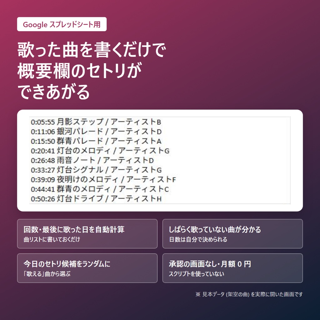 歌枠のセトリ管理シート（Googleスプレッドシート用・概要欄のタイムスタンプを自動で作成）