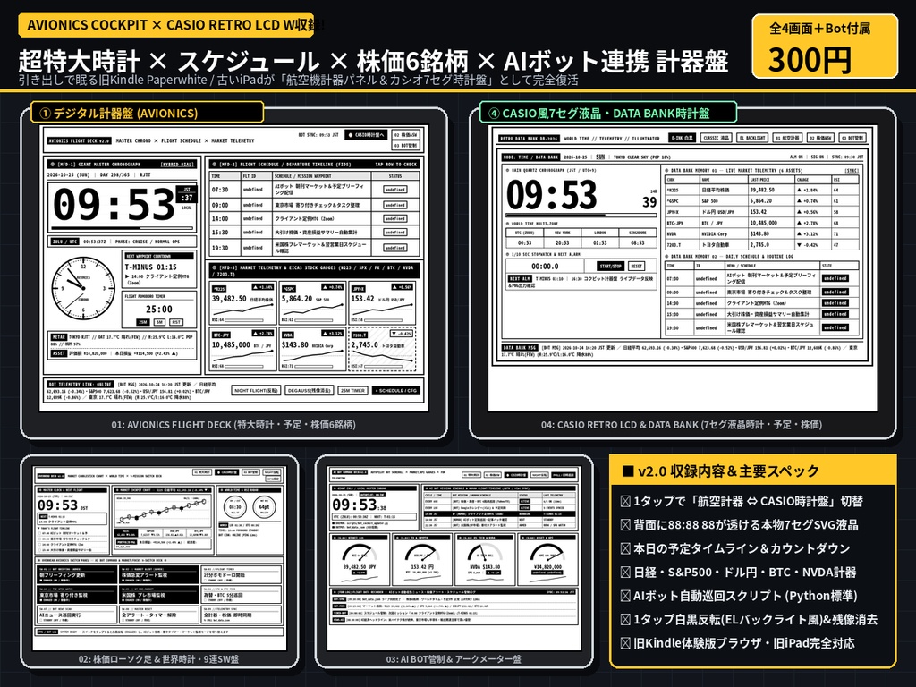 【300円】古いKindle・iPadが「デジタル計器盤&CASIO風7セグ時計盤」に蘇る!特大時計×予定表×株価×Bot連携フルパックv2.0