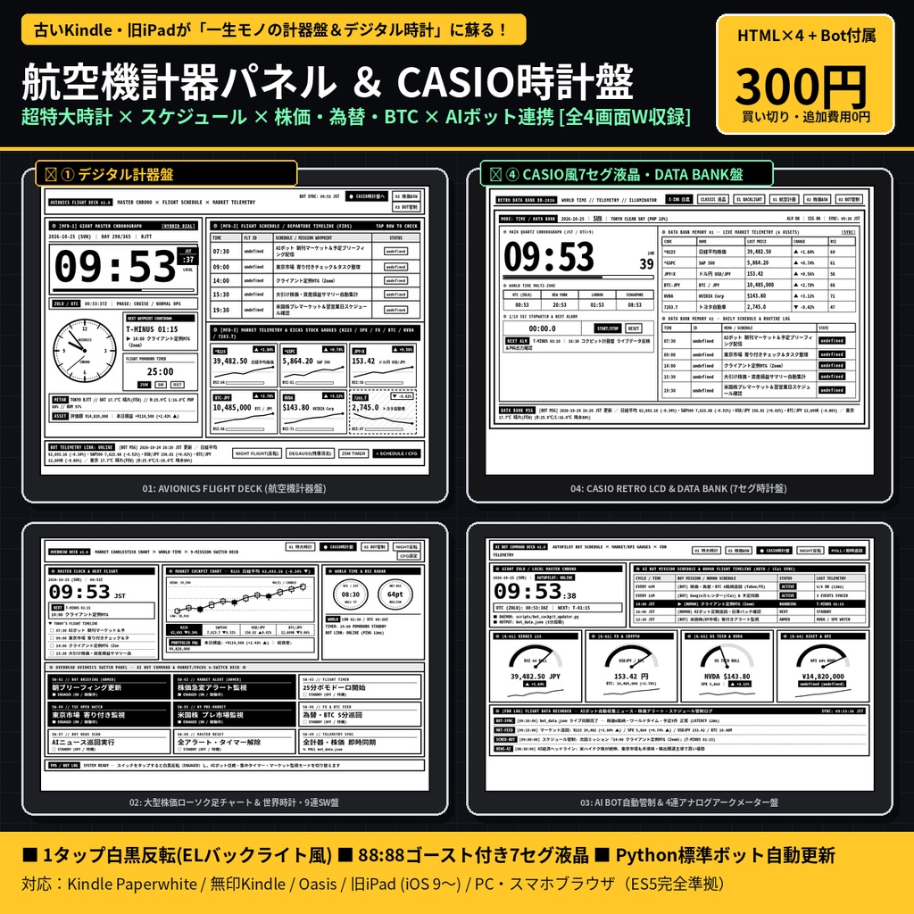 【300円】古いKindle・iPadが「デジタル計器盤&CASIO風7セグ時計盤」に蘇る!特大時計×予定表×株価×Bot連携フルパックv2.0