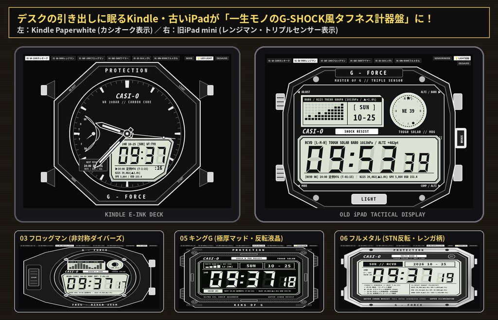 【Kindle・古いiPad対応】G-SHOCK風 タフネス腕時計フェイス 全6種コンプリートパック|カシオーク・レンジマン・フロッグマン・ワイヤーガード・キングG・フルメタル収録!(予定・株価6銘柄・Bot連動)