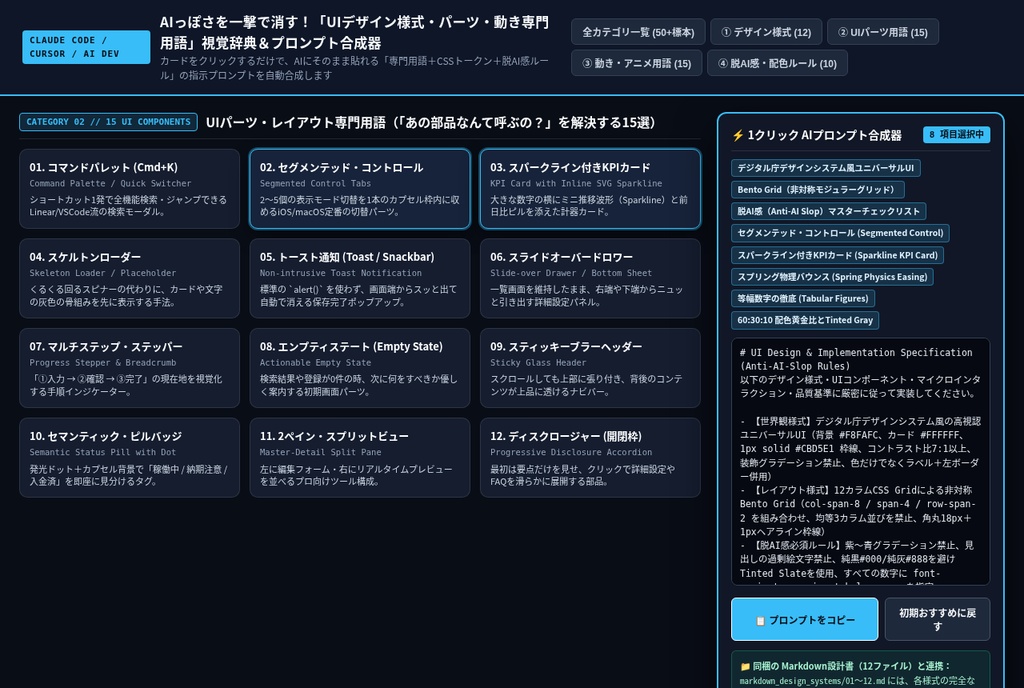 【Claude Code / Cursor / AI開発用】AIっぽさを一撃で消す!「UIデザイン様式・動き・レイアウト専門用語」視覚辞典&そのまま食わせるMarkdown設計書パック