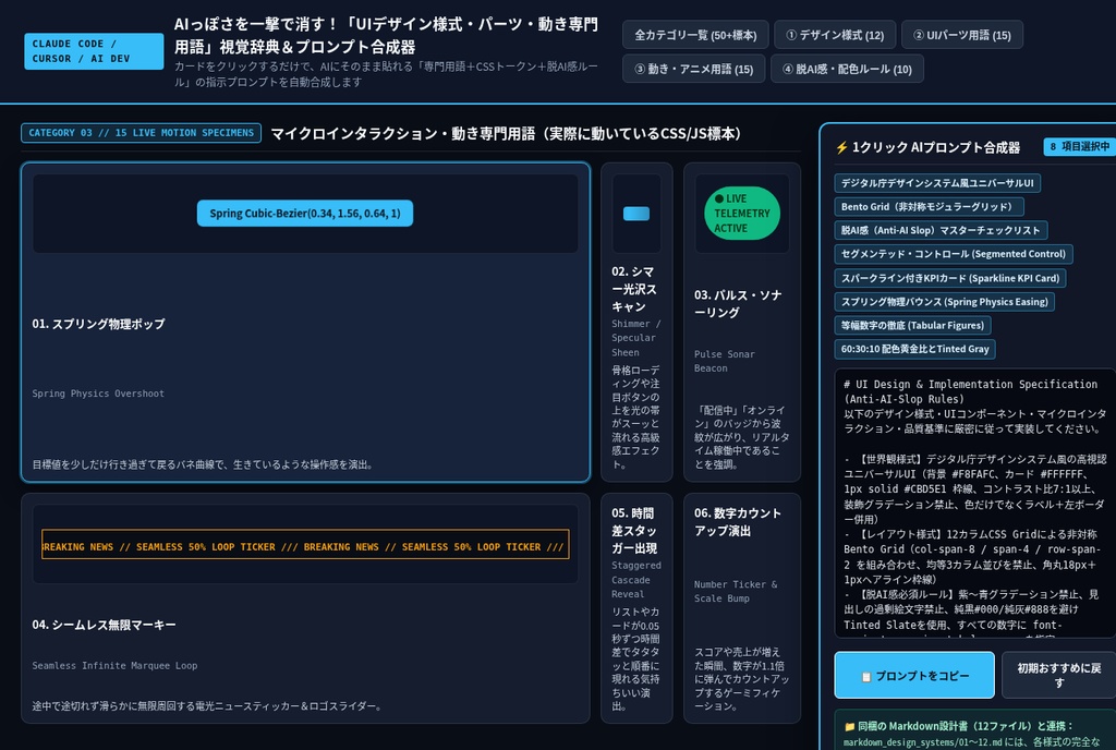 【Claude Code / Cursor / AI開発用】AIっぽさを一撃で消す!「UIデザイン様式・動き・レイアウト専門用語」視覚辞典&そのまま食わせるMarkdown設計書パック