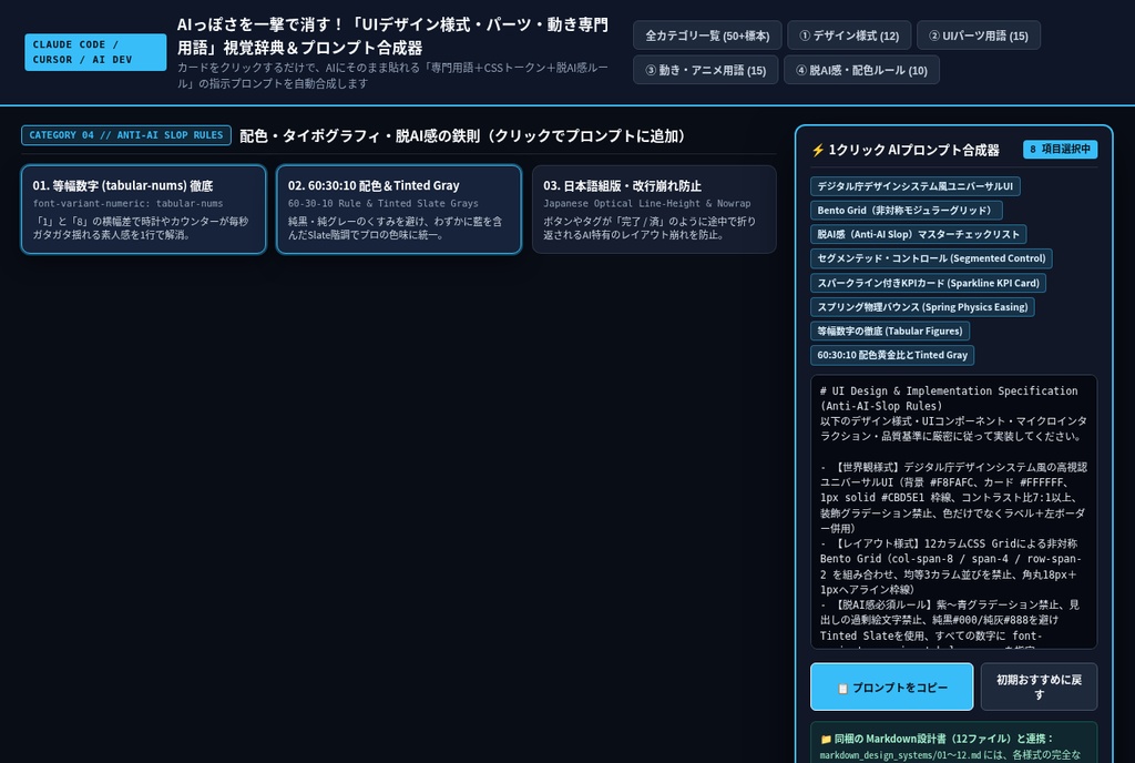 【Claude Code / Cursor / AI開発用】AIっぽさを一撃で消す!「UIデザイン様式・動き・レイアウト専門用語」視覚辞典&そのまま食わせるMarkdown設計書パック