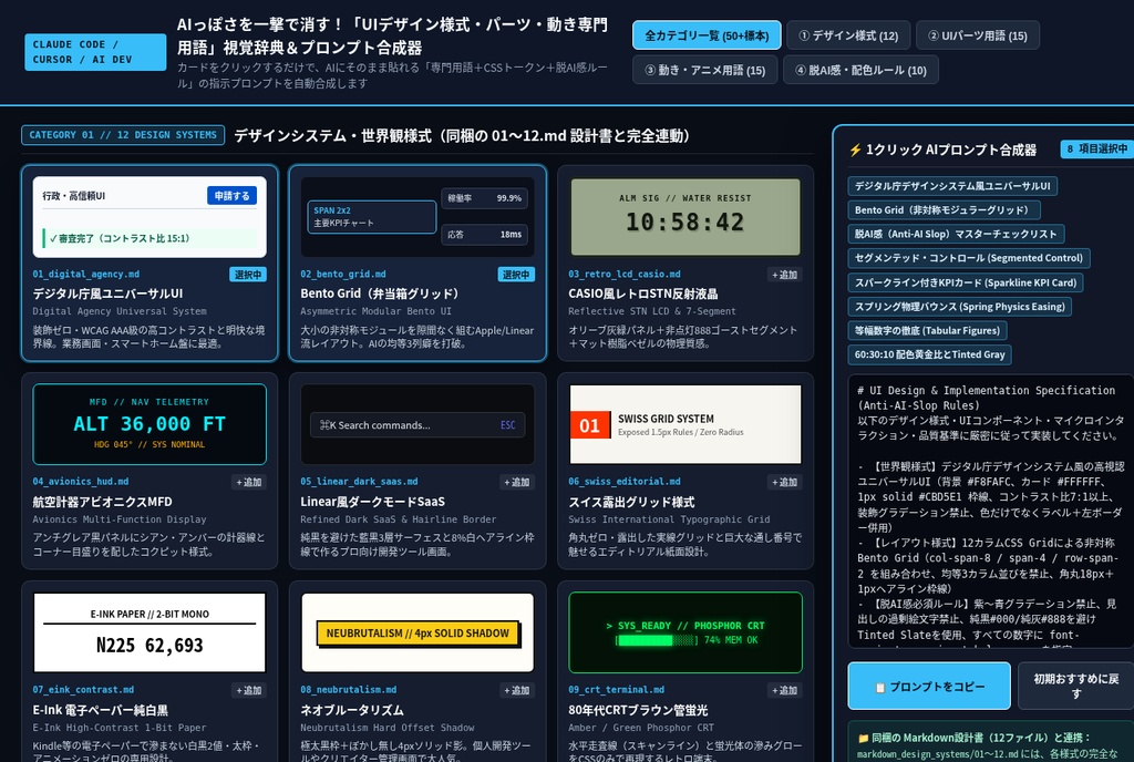 【Claude Code / Cursor / AI開発用】AIっぽさを一撃で消す!「UIデザイン様式・動き・レイアウト専門用語」視覚辞典&そのまま食わせるMarkdown設計書パック