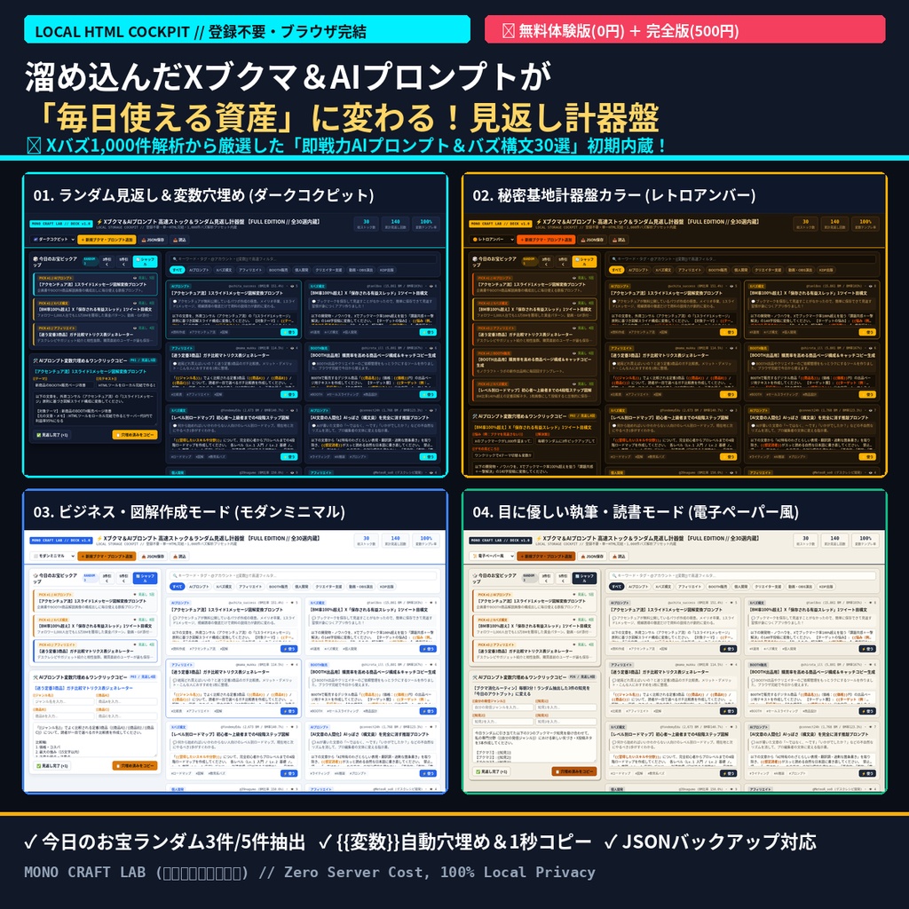 【ブラウザ完結・登録不要】溜め込んだXブクマ&AIプロンプトが「毎日使える資産」に変わる!高速ストック&ランダム見返し計器盤パック(無料体験版あり)
