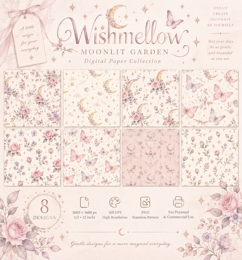 【デジタルペーパー8枚】Moonlit Garden|月・花・蝶の幻想的なシームレス背景素材|Wishmellow