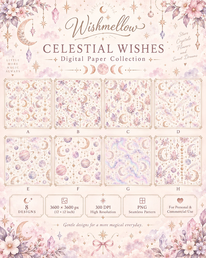 【デジタルペーパー8枚】Celestial Wishes｜月・星・クリスタル・天体の幻想的なシームレス背景素材｜Wishmellow