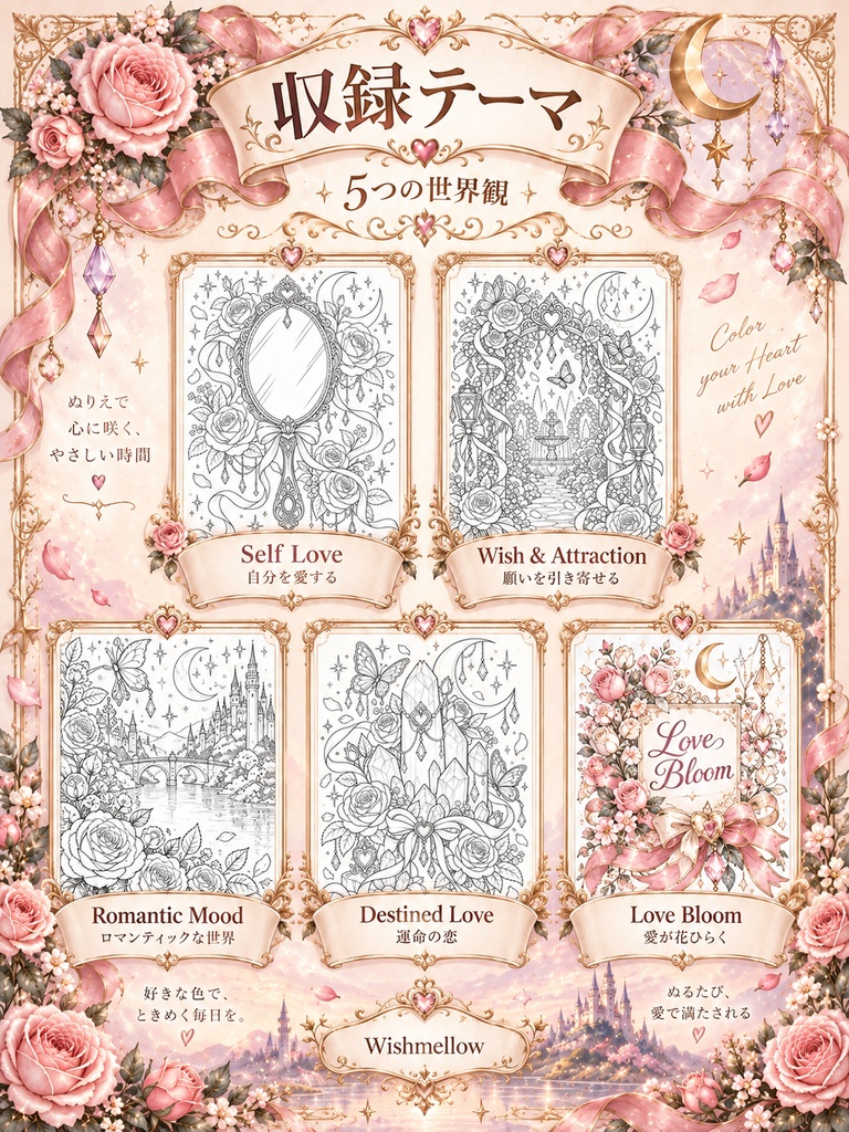 Love Bloom|恋と願いを彩るロマンティック塗り絵|大人の塗り絵 30ページ PDF
