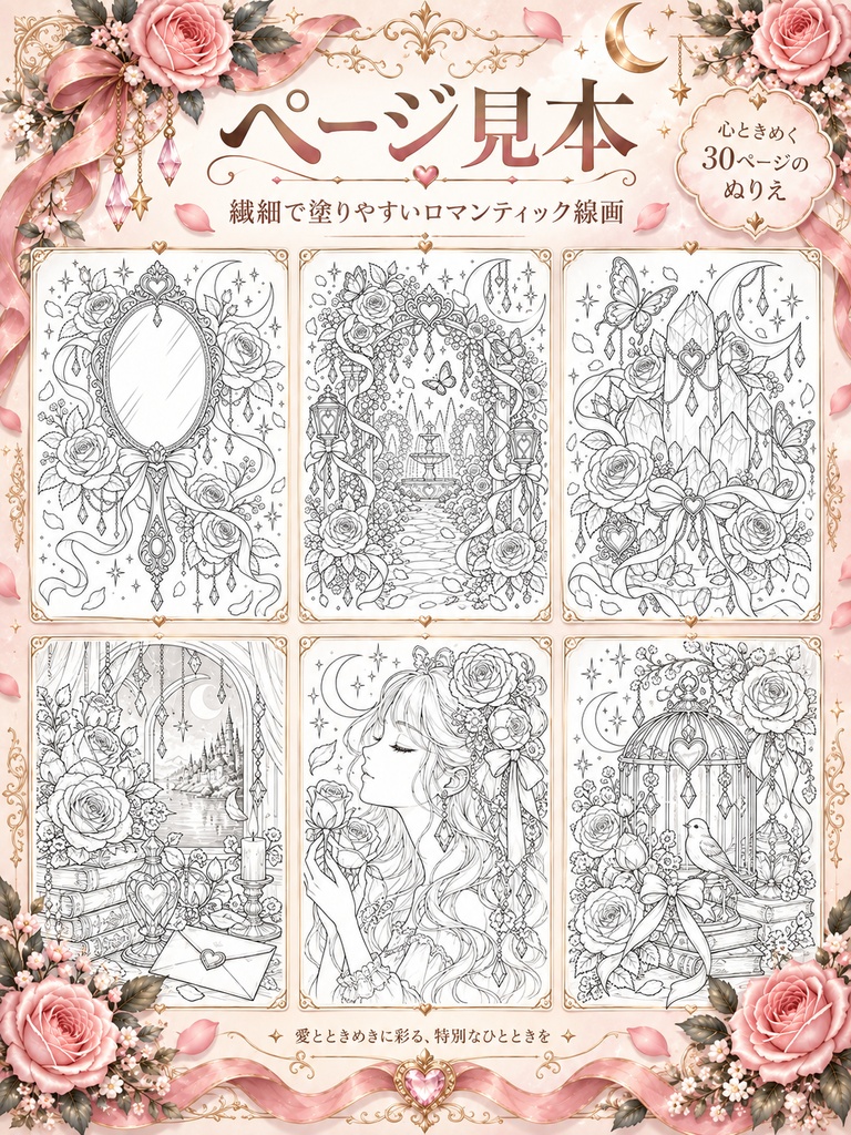 Love Bloom|恋と願いを彩るロマンティック塗り絵|大人の塗り絵 30ページ PDF