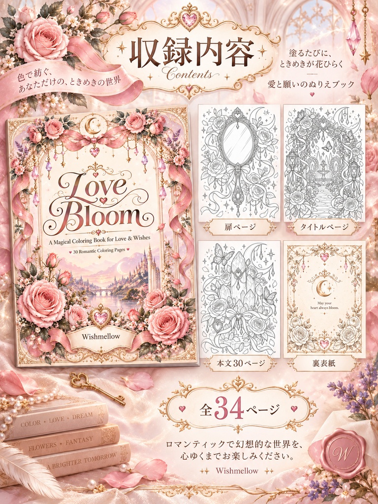 Love Bloom|恋と願いを彩るロマンティック塗り絵|大人の塗り絵 30ページ PDF