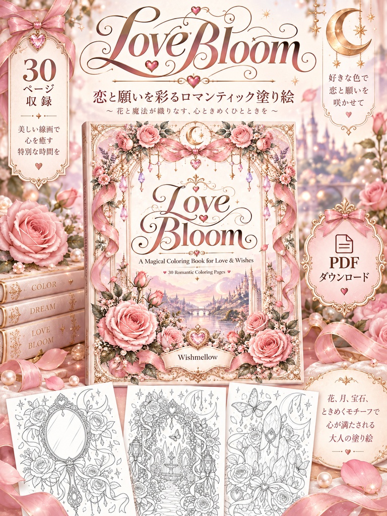 Love Bloom｜恋と願いを彩るロマンティック塗り絵｜大人の塗り絵 30ページ PDF