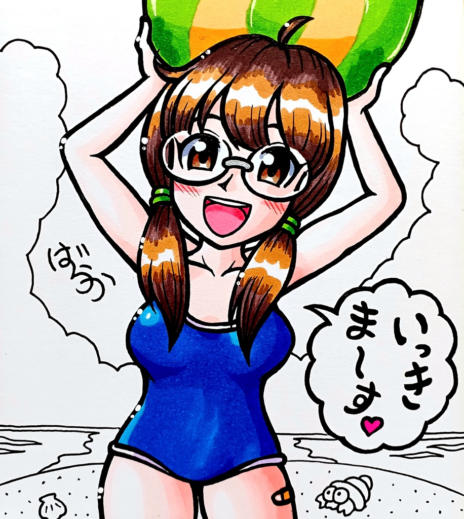 ミニ色紙「スクール水着で眼鏡の女子高生さん」