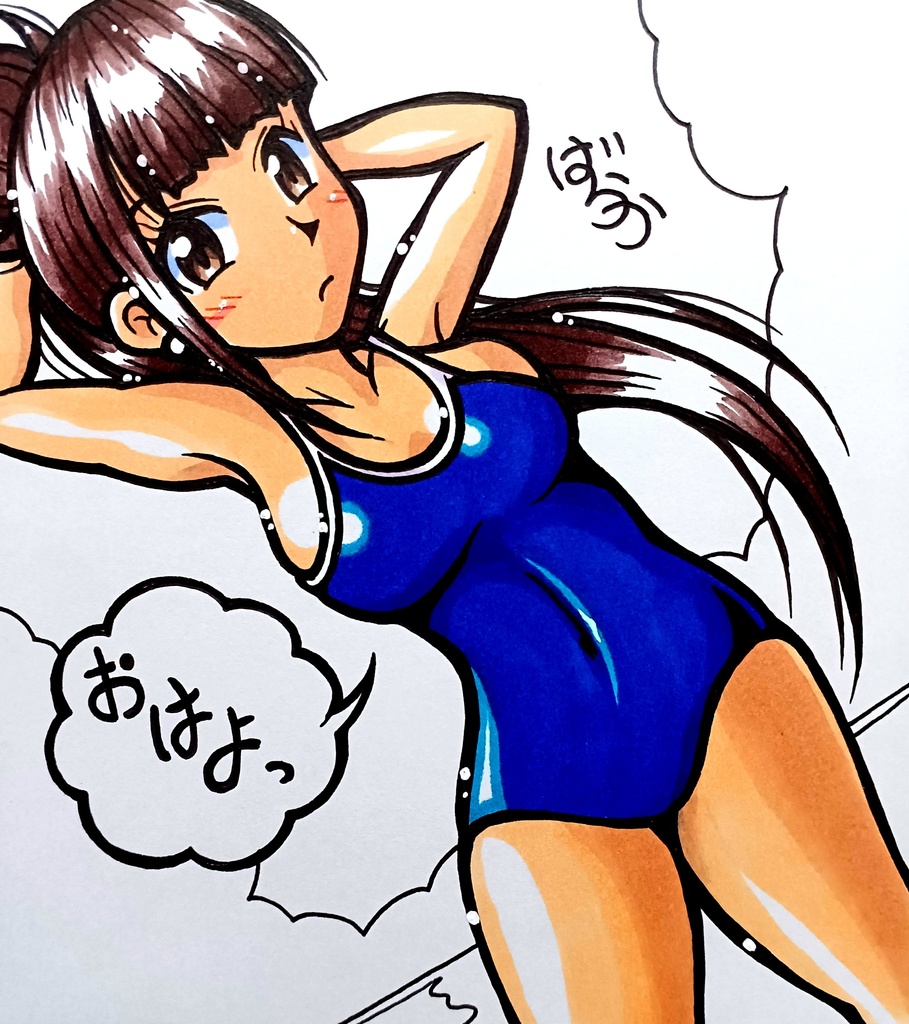 午前中に描きたて！ミニ色紙「スクール水着のお姉さん」