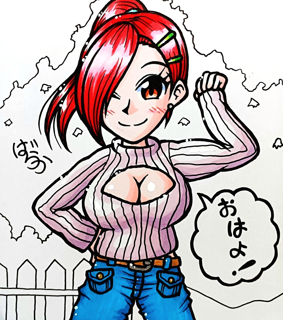 ミニ色紙「ポニテに穴開きニットのお姉さん」