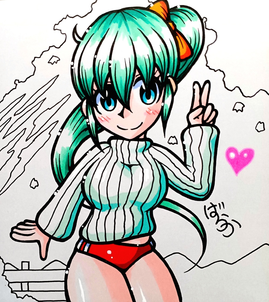 ミニ色紙「ポニーテールにニットとブルマのお姉さん」