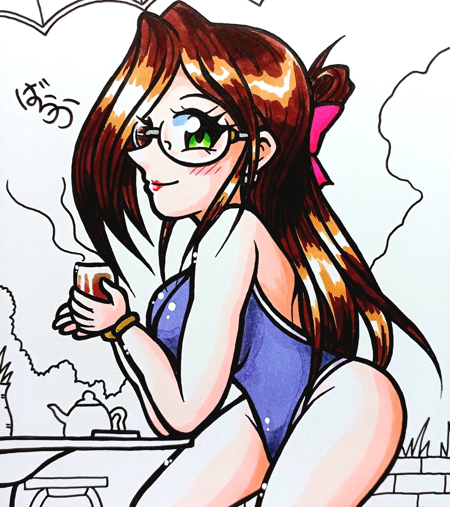 ミニ色紙「水着でめがねのお姉さん」