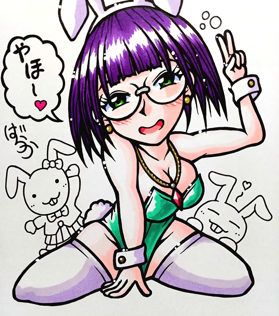 ミニ色紙「めがねのほろ酔いバニーガールさん」