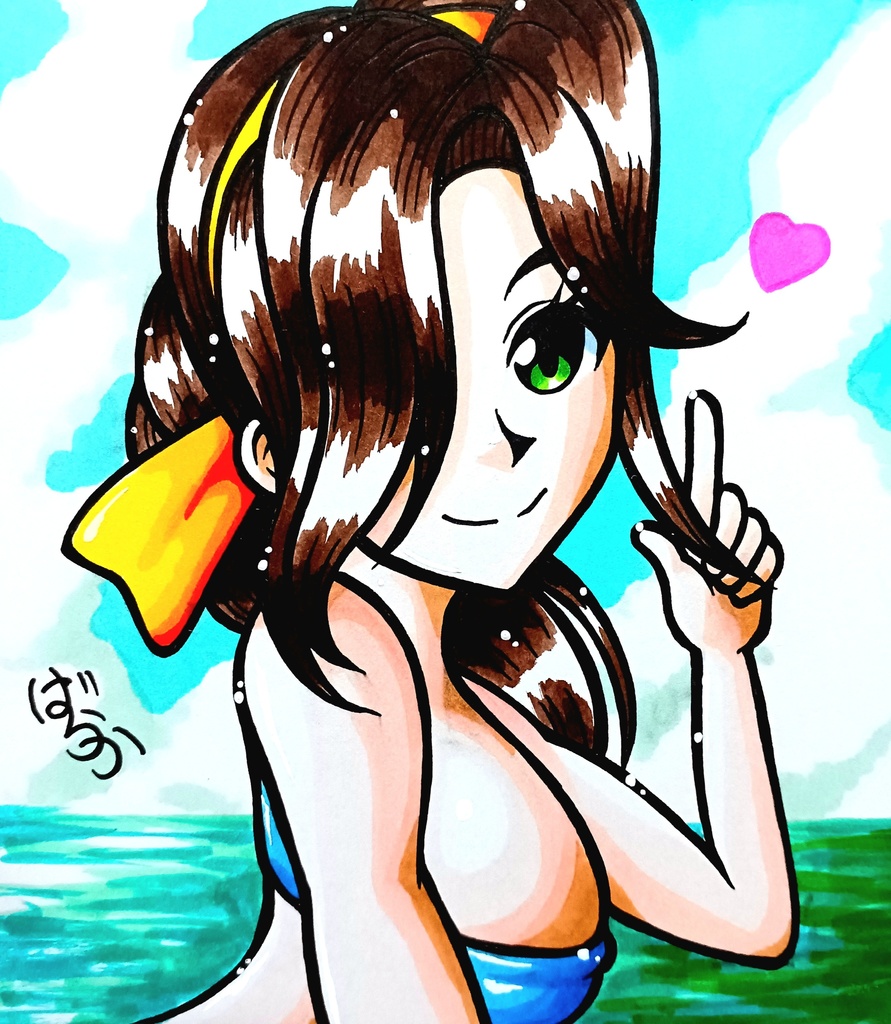 ミニ色紙「青空とビキニのお姉さん」