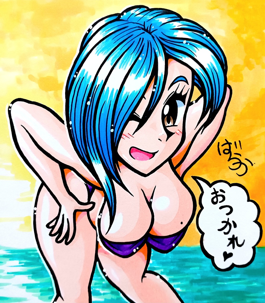 ミニ色紙「夕焼けのビキニお姉さん」