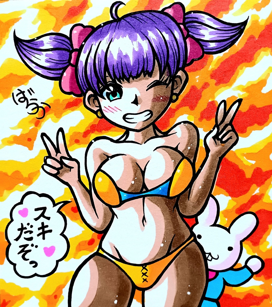 ミニ色紙「夕焼けビキニのお姉さん」