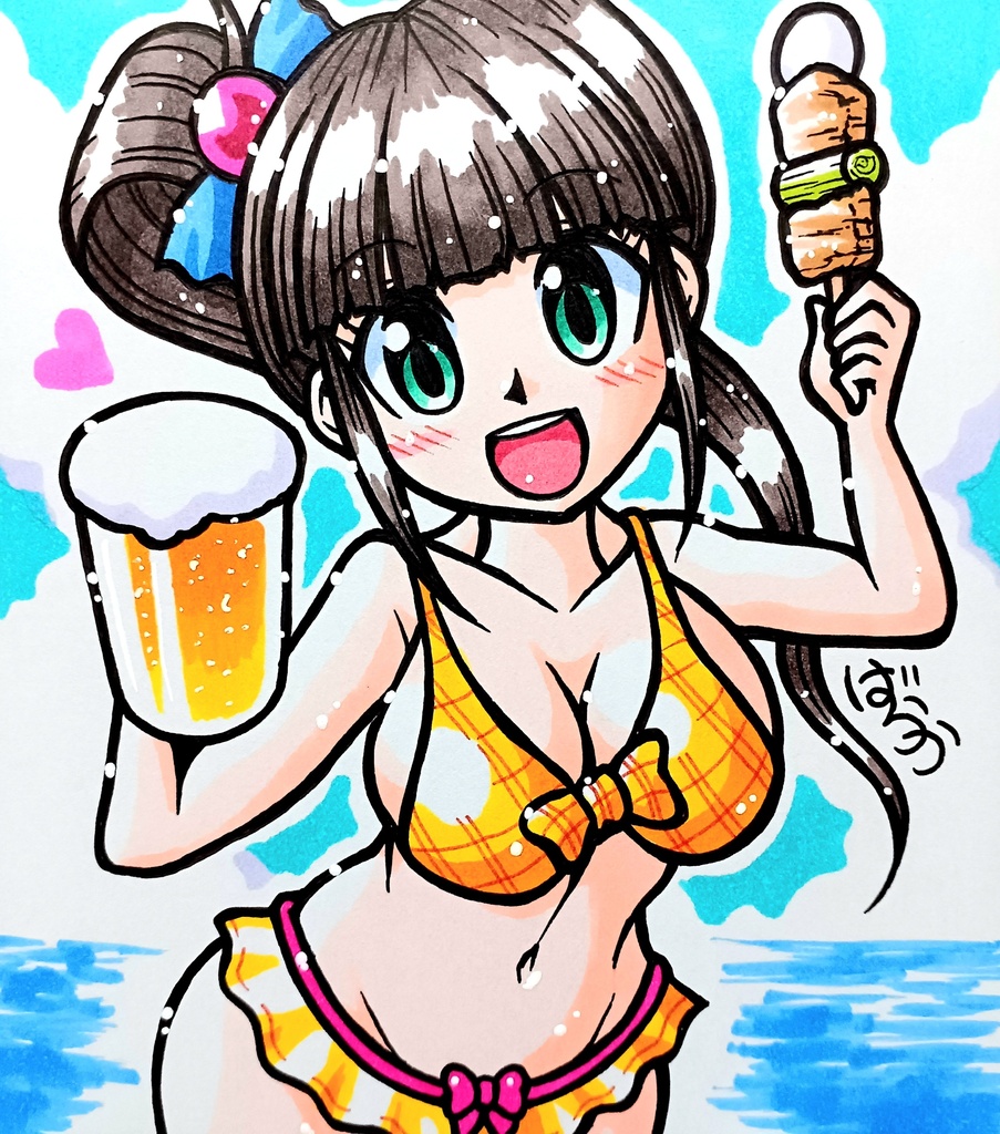 ミニ色紙「ビアガーデンのポニーテールお姉さん」