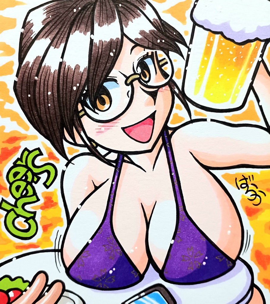 ミニ色紙「ビアガーデンのめがねお姉さん」