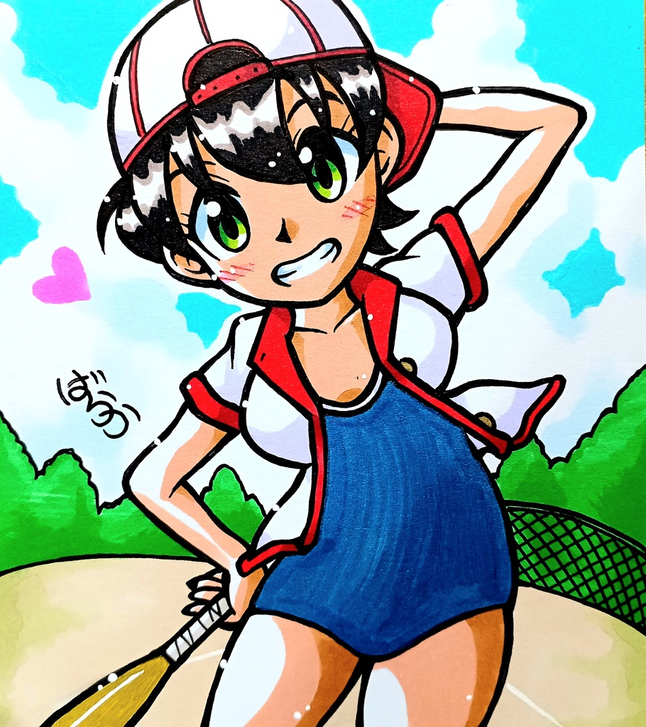 ミニ色紙「暑いからスクール水着で野球する女の子」