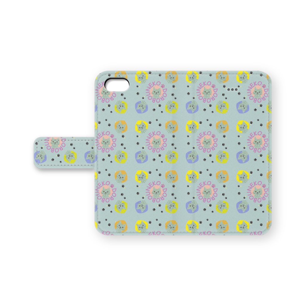 どろねこ手帳型iPhoneケース#2（パターン・ミント）