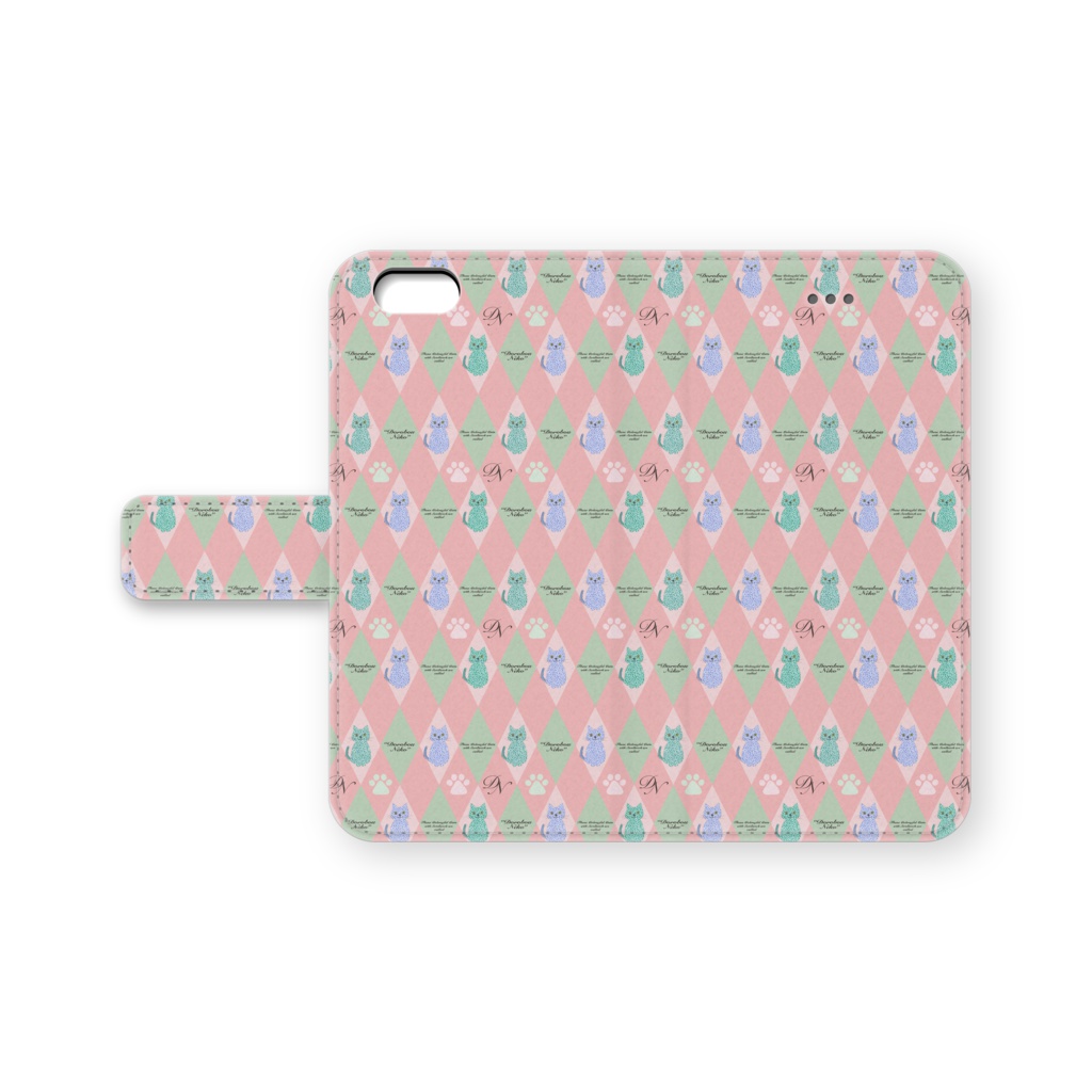 どろねこ手帳型iPhoneケース#4(ひし形パターン・ピンク)