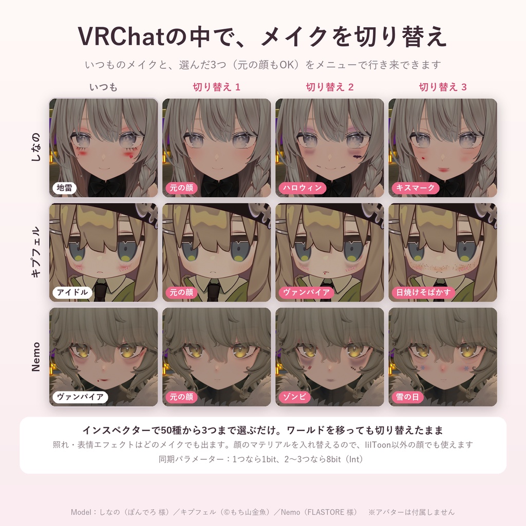 手持ちのアバターの顔にメイク50種「ほおべに」【汎用ツール・シール40種+自分の画像・VRChat内で切り替え・無料お試し版あり】【11/5まで400円】