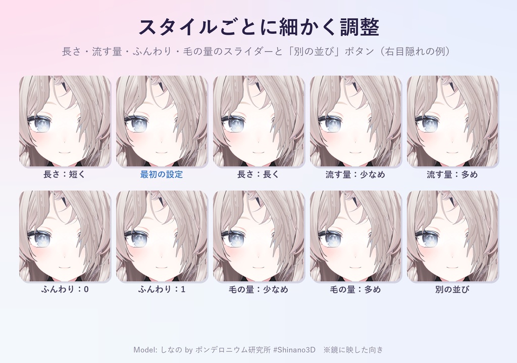手持ちの前髪を目隠れ・ぱっつん・姫カットなど30種類に「ながしめ」【汎用ツール・VRChat内で切り替え・無料お試し版あり】【11/7まで400円】