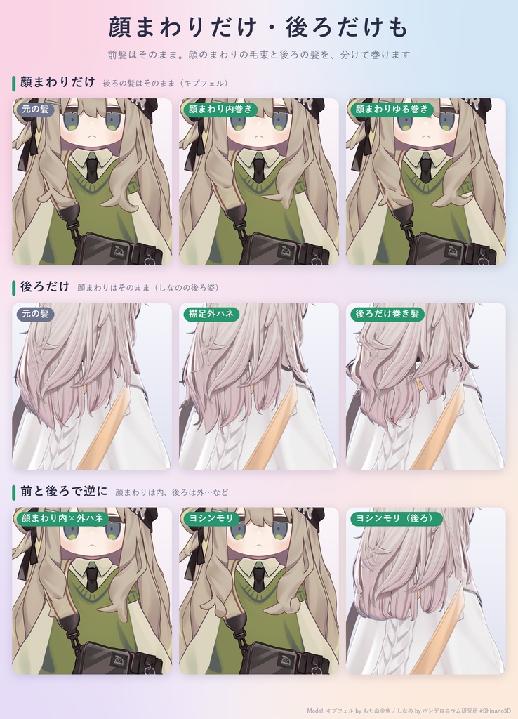 手持ちの髪の毛先を外ハネ・内巻き・巻き髪・顔まわりだけ巻きなど30種類に「こてまき」【汎用ツール・VRChat内で切り替え・無料お試し版あり】【11/7まで400円】