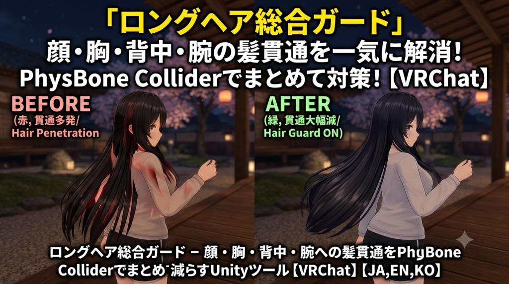 ロングヘア総合ガード - 顔・胸・背中・腕への髪貫通をPhysBone Colliderでまとめて減らすUnityツール【VRChat】【JA,EN,KO】