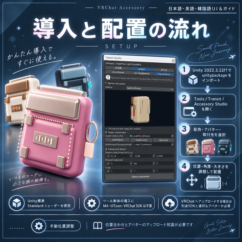 【日本語・英語・韓国語UI&ガイド】トランジット・ポーチ|PC VRChat向け・手動位置調整