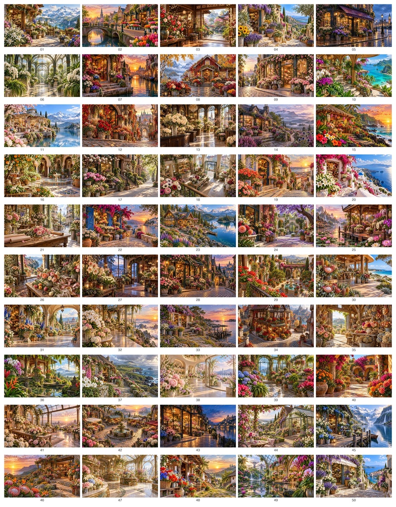 World Flower Shops 4K TV Art Collection | 50 Fantasy Floral Shops | Dreamlike Village Wall Art | Digital Download | Surreal Fantasy Art