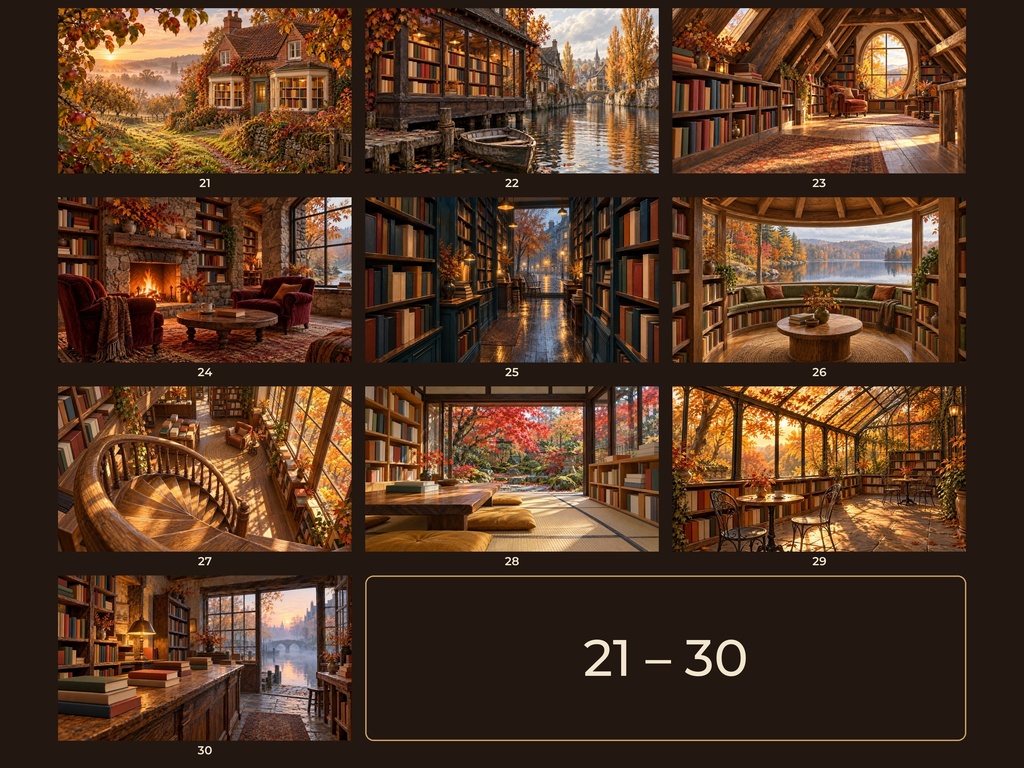 秋の小さな本屋さん|幻想的なブックショップ 4Kデジタルアート50枚セット|3840×2160