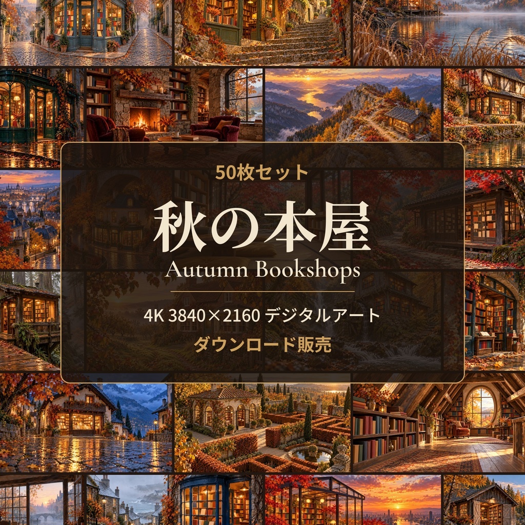 秋の小さな本屋さん|幻想的なブックショップ 4Kデジタルアート50枚セット|3840×2160
