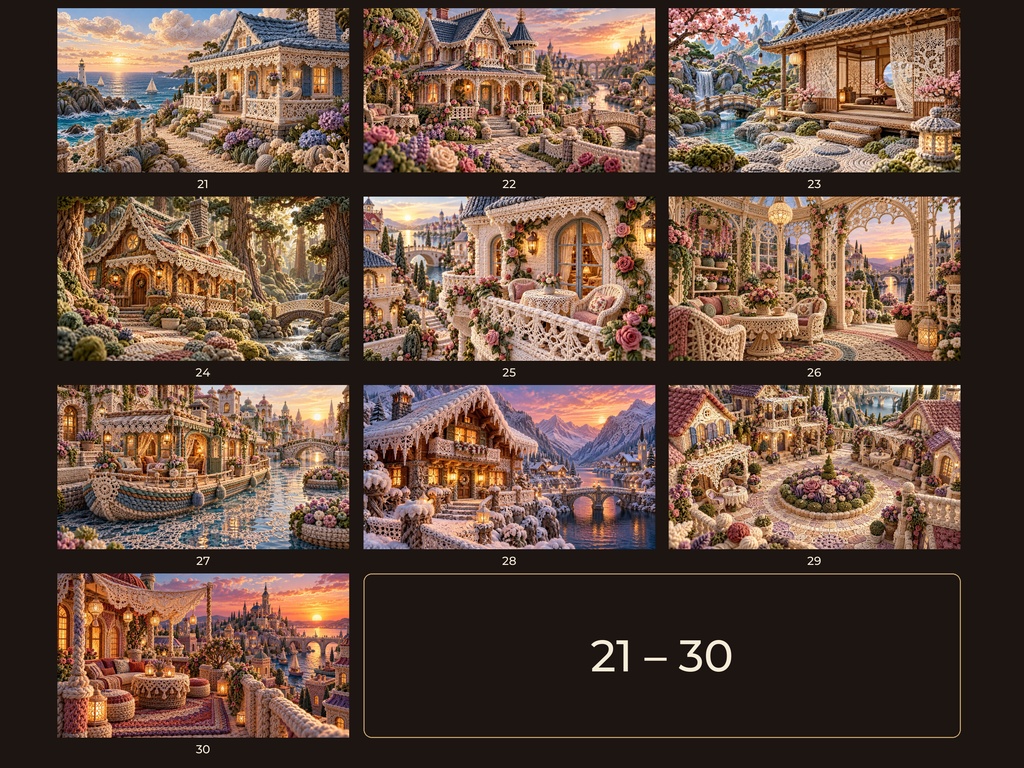 毛糸とレースの幻想の街|4Kデジタルアート50枚セット|幻想建築・夢の街・ファンタジー風景