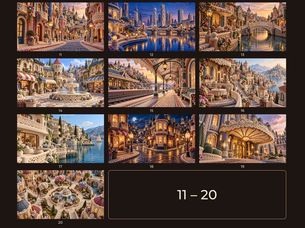 毛糸とレースの幻想の街|4Kデジタルアート50枚セット|幻想建築・夢の街・ファンタジー風景