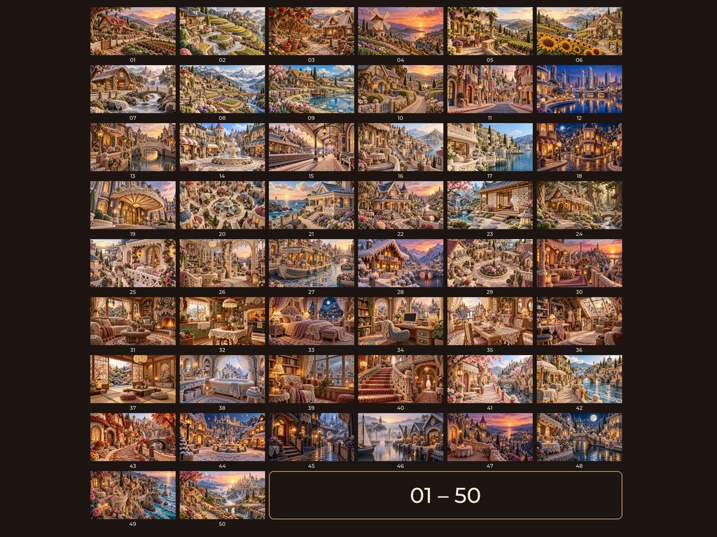毛糸とレースの幻想の街|4Kデジタルアート50枚セット|幻想建築・夢の街・ファンタジー風景