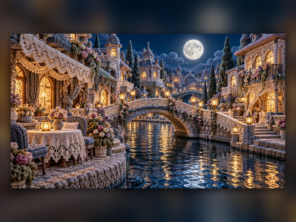毛糸とレースの幻想の街|4Kデジタルアート50枚セット|幻想建築・夢の街・ファンタジー風景