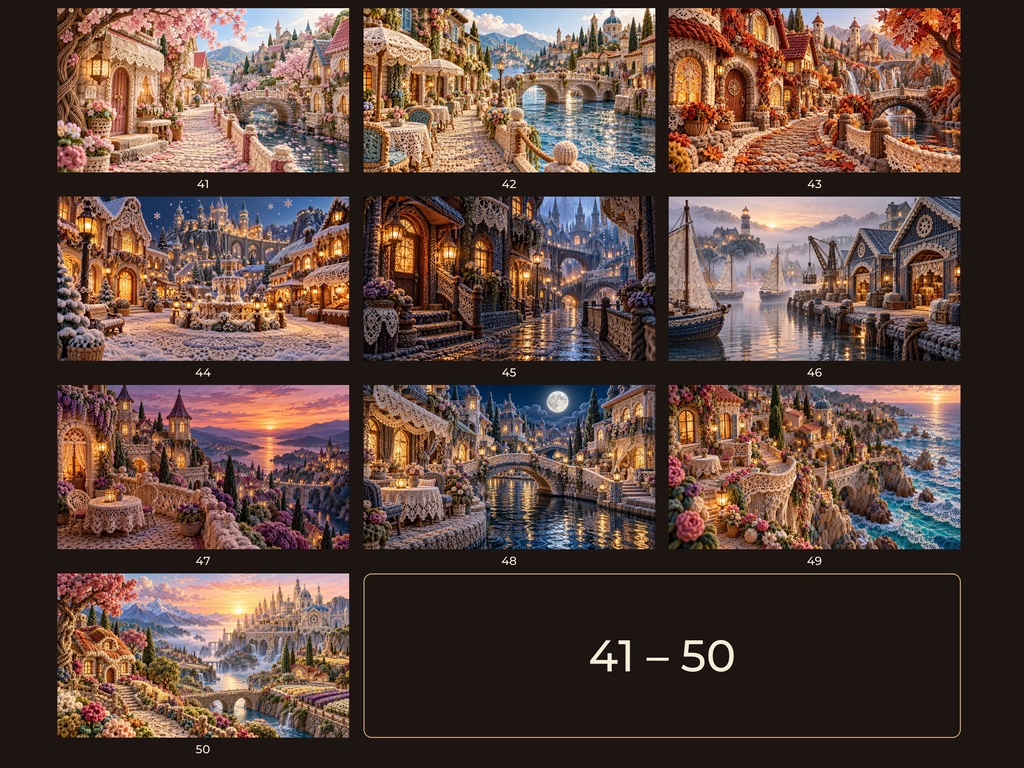 毛糸とレースの幻想の街|4Kデジタルアート50枚セット|幻想建築・夢の街・ファンタジー風景