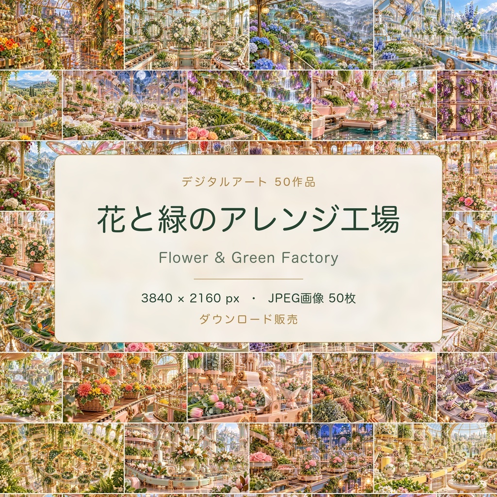 花と緑のアレンジ工場｜幻想アートコレクション 50作品（3840×2160ピクセル）